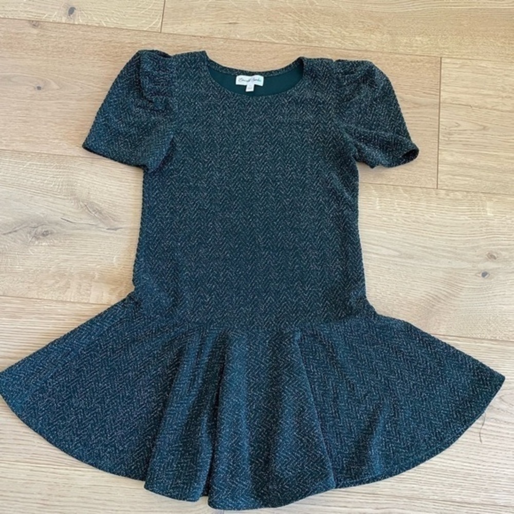 Emerald Sundae Girls Green Metallic Puff Sleeve Dress Size 10